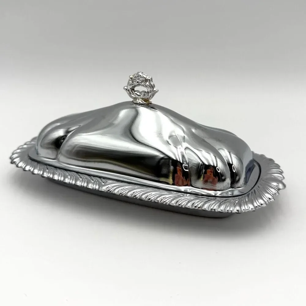 Vintage Silver Metal Butter Dish with Lid Glass Covered Butter Dish